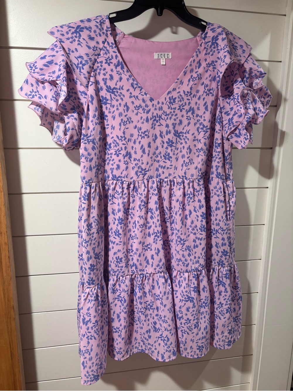 TCEC Pink Floral Ruffle Sleeve Tiered Dress